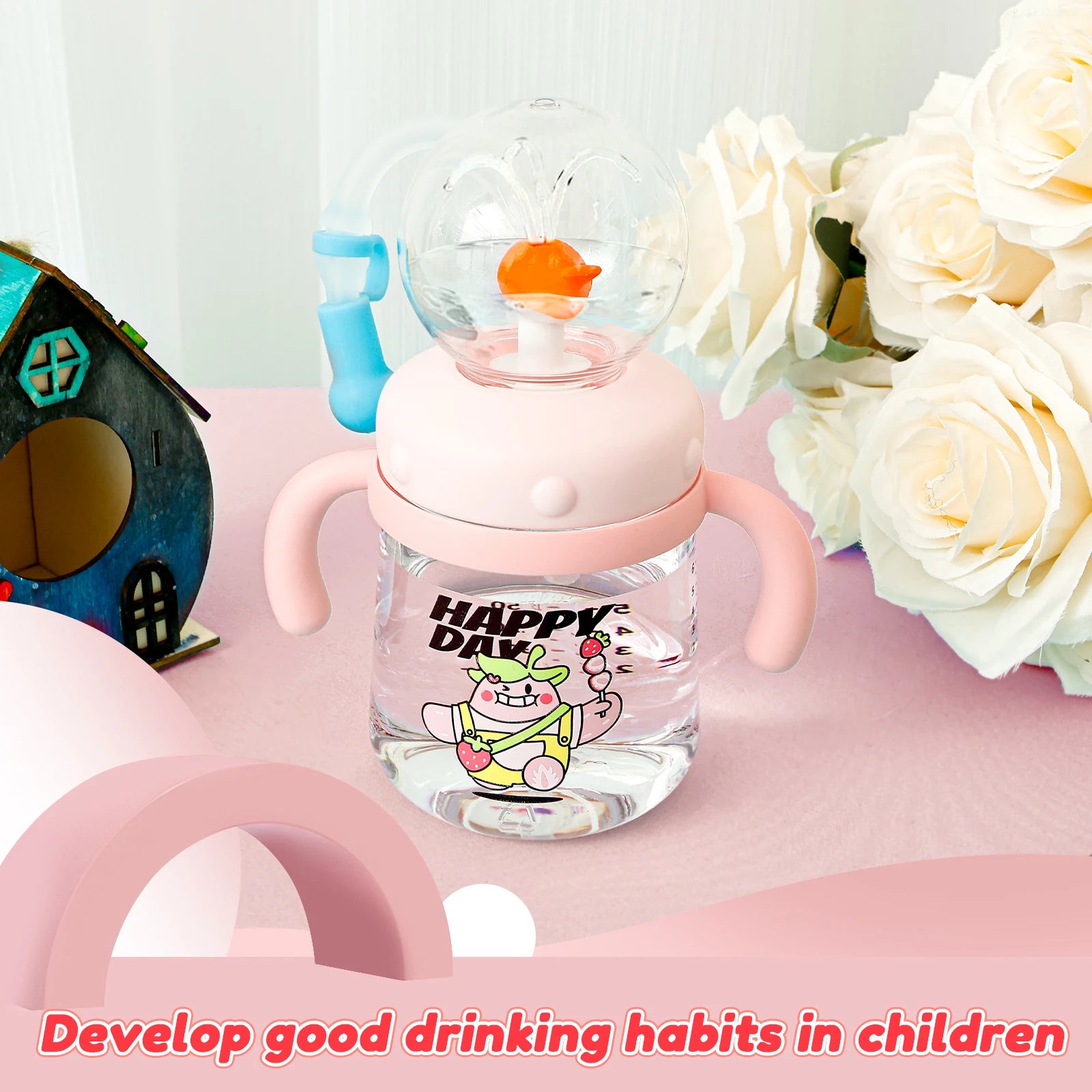 300ml Children Drinking Bottle w/ Straw Feeding Cup Creative Whale Squirt Water Cup Kids Learn Feeding Drinking Bottle BPA Free